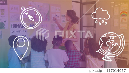 Image of pencils floating over happy african american girl 117014057