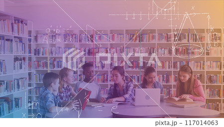 Image of math formulas over diverse pupils using laptops Image of math formulas over diverse pupils using laptops 117014063