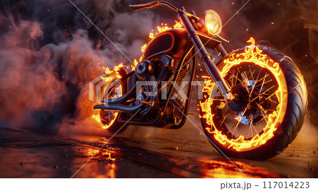 Motorcycle engulfed in fierce orange flames and smoke. 117014223