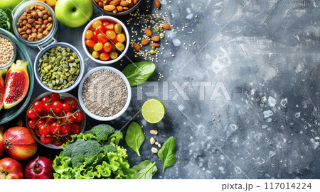 Vegetarian, vegan food cooking ingredients, copy space. Flat-lay of vegetables, fruit, beans, cereals. 117014224