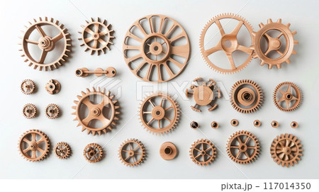 Top view background  of wooden gears and mechanisms. 117014350