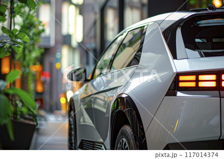 A close up of a car tail light on an electric vehicle. Sustainable car technology. 117014374