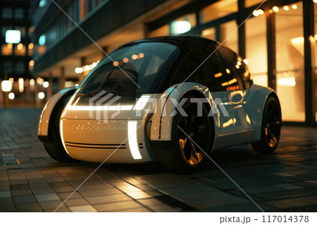 Futuristic compact size electric car parked on a street. Sustainable car technology. 117014378