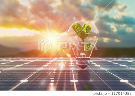 Light bulb with green plant over solar panel background. 117014385