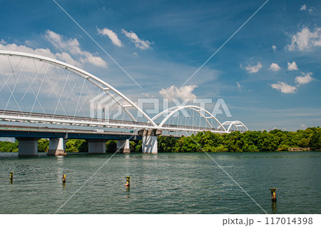 大阪モノレールの鉄橋と夏の淀川風景 117014398