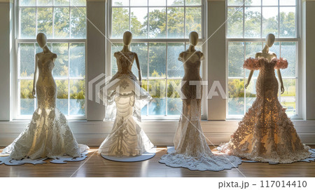 Mannequins dressed in lace gowns with elegant trains displayed in front of large windows illuminated by natural sunlight. 117014410
