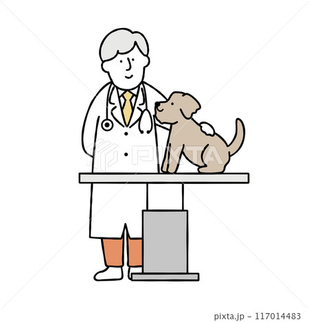 診察台に乗る犬と診察をする男性獣医師のベクターイラスト素材 117014483