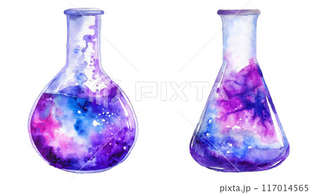 宇宙のような液体が入ったフラスコの水彩画カットイラスト素材 117014565