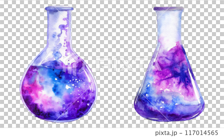 宇宙のような液体が入ったフラスコの水彩画カットイラスト素材 117014565