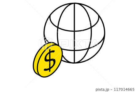 地球とドル硬貨、ターゲット・目標達成・ゴールのビジネスアイコン、アイソメトリックイラスト 117014665