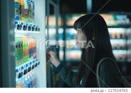 夜に自動販売機で飲み物を買う女性 117014703