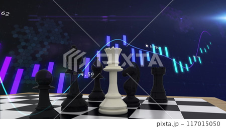 Image of chess pieces over graph and data processing on dark background Image of chess pieces over graph and data processing on dark background 117015050