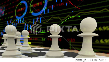 Image of white chess pieces over graphs and charts processing data on grey background Image of white chess pieces over graphs and charts processing data on grey background 117015056