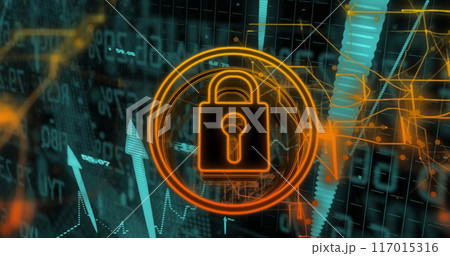 Lock and key symbol image over financial data and graphs background 117015316