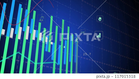 Financial data and environmental icons image over bar and line graphs 117015318
