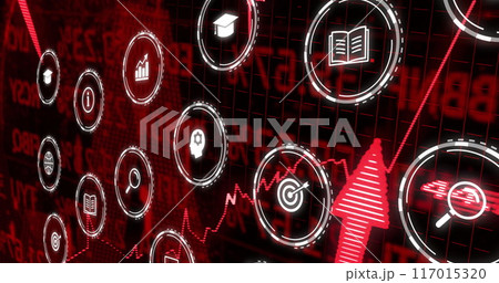 Financial data and technology icons image over red stock market graph 117015320