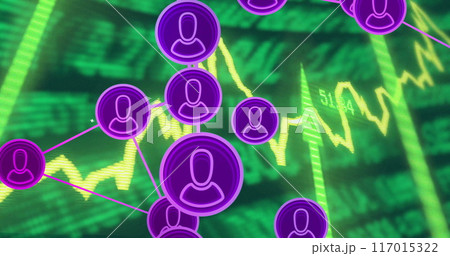Network of user icons and financial data processing image over stock market graph 117015322
