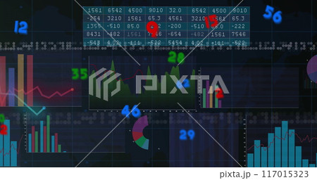 Financial data charts and graphs image over various numerical and graphical elements 117015323