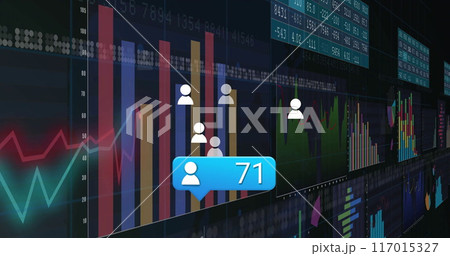 Graphs and user icons with data processing image over financial charts 117015327