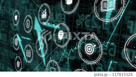 Business icons and financial data processing image over digital grid background 117015328