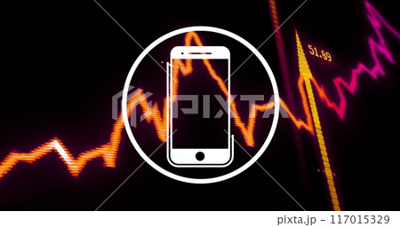 Smartphone icon image over fluctuating financial graph background 117015329