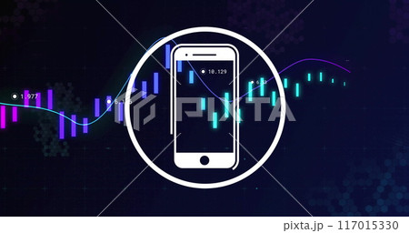 Smartphone icon image over financial data and stock market graph 117015330
