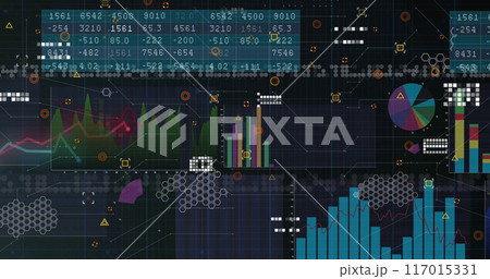 Financial data processing image with charts, graphs, and numbers on dark background 117015331