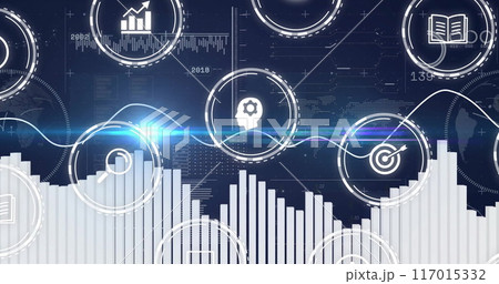 Graphs and charts with data processing image over financial and business icons 117015332
