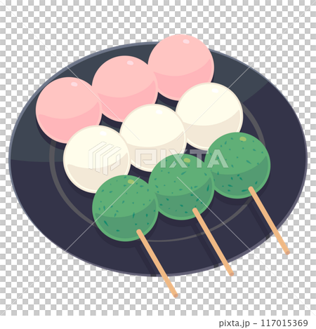 Illustration of three three-colored dumplings served on a black plate, color, no lines 117015369