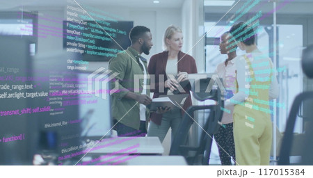 Image of financial data processing over diverse business people in office Image of financial data processing over diverse business people in office 117015384