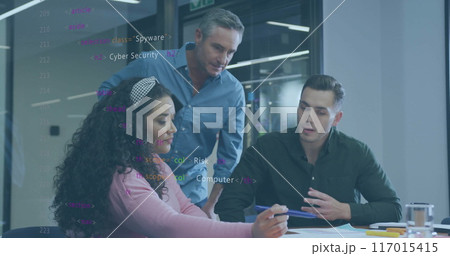 Image of financial data processing over diverse business people in office Image of financial data processing over diverse business people in office 117015415