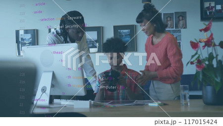 Image of financial data processing over diverse business people in office 117015424