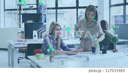 Image of ecology icons over diverse colleagues discussing work in office Image of ecology icons over diverse colleagues discussing work in office 117015463