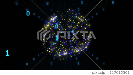 Image of binary coding data processing over globe of connections Image of binary coding data processing over globe of connections 117015501