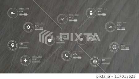 Image of network of icons and data processing over landscape 117015623