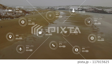 Image of network of icons and data processing over landscape Image of network of icons and data processing over landscape 117015625