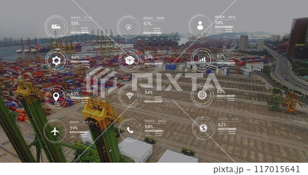 Image of network of icons and data processing over landscape 117015641