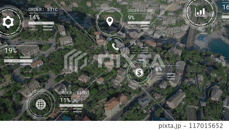 Image of network of icons and data processing over landscape Image of network of icons and data processing over landscape 117015652
