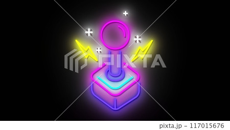 Image of neon image game joystick with neon light trails on black background 117015676