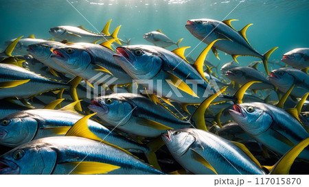 Underwater world with many tuna. AI Generated 117015870