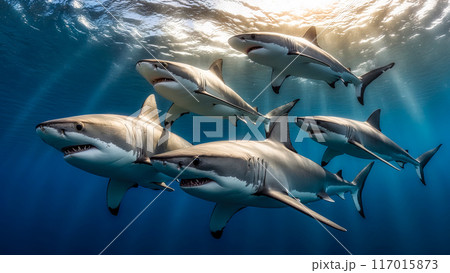Sharks underwater. A pack of sharks in the blue abyss of the sea. Underwater shark shoal. AI Generated. 117015873