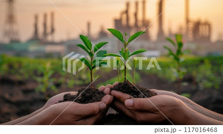 Hands holding small saplings growing, with a city and industries in the background. Generative AI 117016468
