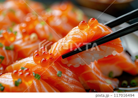A plate of sushi with chopsticks in hand 117016494
