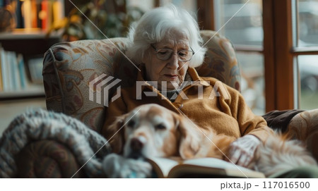 Elderly woman reading book sitting in armchair dog lying by her dog as companion for senior people. 117016500