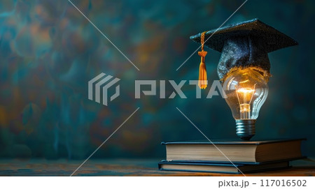 E-learning Graduate Certificate Program Concept Lightbulb on Book with Graduation Hat and Education Icons Concept Internet Education Course Degree E-learning Graduate Certificate Program Concept Lightbulb on Book with Graduation Hat and Education Icons Concept Internet Education Course Degree 117016502