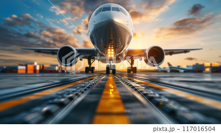 Loading cargo plane outside air freight logistic. Airmail shipping packages. Shipping boxes ready to be delivered Loading cargo plane outside air freight logistic. Airmail shipping packages. Shipping boxes ready to be delivered 117016504