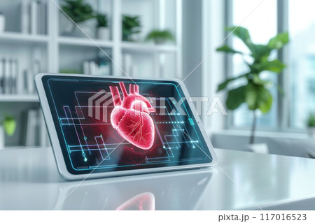 A bright, minimalistic setting featuring a large tablet displaying a vibrant red holographic 3D heart 117016523