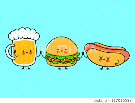 Cute, funny happy glass of beer, hot dog and hamburger . Vector hand drawn cartoon kawaii characters, illustration icon. Funny cartoon glass of beer hot dog and hamburger mascot friends concept 117016558