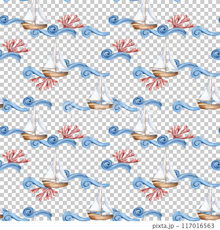 Small ship sailing on blue waves with red coral in watercolor seamless pattern. Pattern of sailboat in cute style. Nautical child illustration hand drawn. Marine design for textile, packaging, cover Small ship sailing on blue waves with red coral in watercolor seamless pattern. Pattern of sailboat in cute style. Nautical child illustration hand drawn. Marine design for textile, packaging, cover 117016563