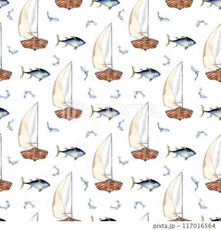 Seafaring in watercolor nautical pattern. Sailing ship and fish tuna hand drawn seamless design. Fish and boat on background isolated. Marine life element for textile, packaging, printed products Seafaring in watercolor nautical pattern. Sailing ship and fish tuna hand drawn seamless design. Fish and boat on background isolated. Marine life element for textile, packaging, printed products 117016564